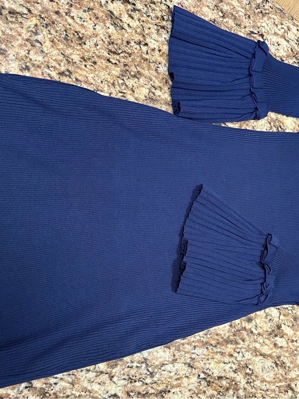 Women's Navy Blue Ribbed Knit Dress with Ruffle Bell Sleeves